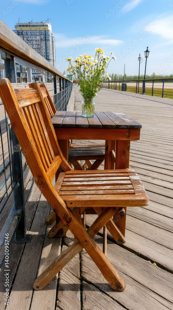 Sunny day by the river with wooden table and chairs decorated with fresh flowers in a peaceful outdoor setting Sunny day by the river with wooden table and chairs decorated with fresh flowers in a peaceful outdoor setting