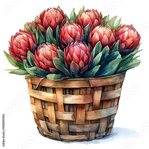 illustration of Torch Ginger Bouquet In A Basket, watercolor vector, isolated on a white background.