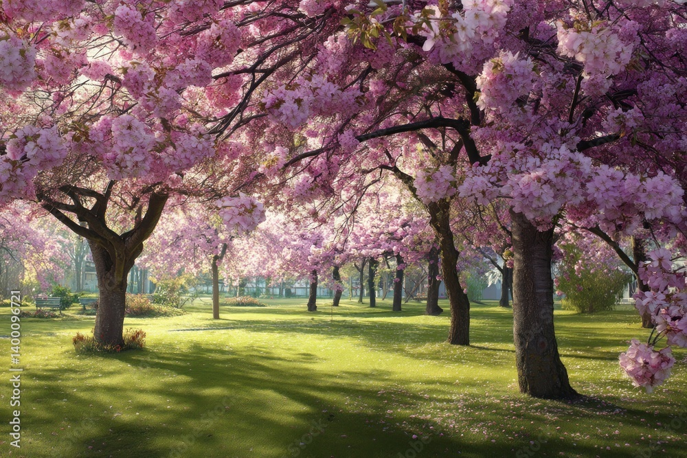 Blooming Cherry Trees in Spring Park with Green Grass Lawn Blooming Cherry Trees in Spring Park with Green Grass Lawn