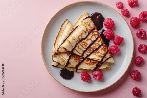 Delicious crepes with raspberry and chocolate sauce on pastel background  