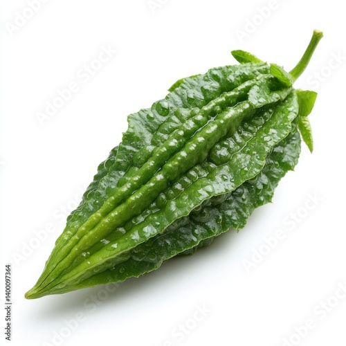 Close up of a single green bitter melon against isolated on white background