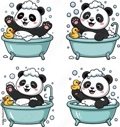 Cute Panda Bath Time Clipart – Adorable Cartoon Panda in Bathtub with Bubbles and Duck
