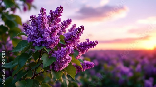 Blooming purple lilac flowers adorning a bush in a field during a vibrant sunset, creating a serene and colorful atmosphere filled with tranquility and natural beauty