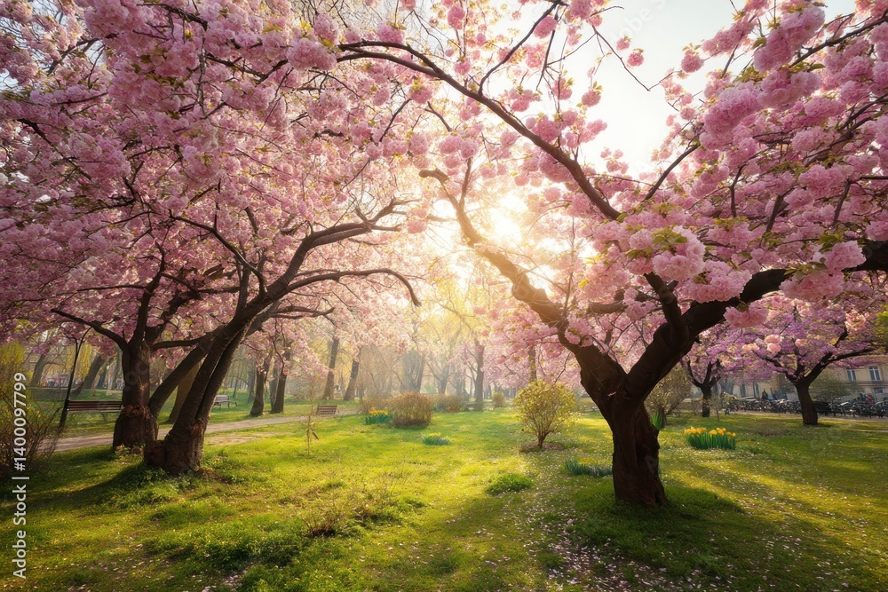 Blooming Cherry Trees in Spring Sunlight Creating a Tranquil Park Scene Blooming Cherry Trees in Spring Sunlight Creating a Tranquil Park Scene