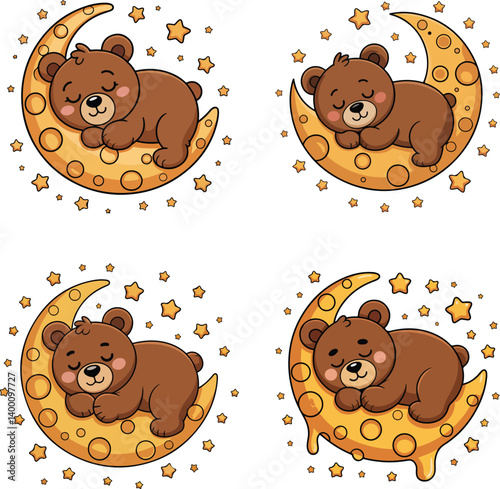 Cute Sleeping Bear on Moon Clipart – Adorable Nighttime Animal Illustration for Kids
