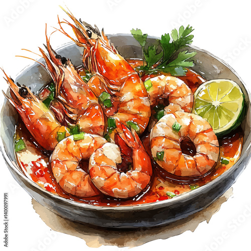 watercolor of Tom Yum Goong, vector, isolated on a white background.