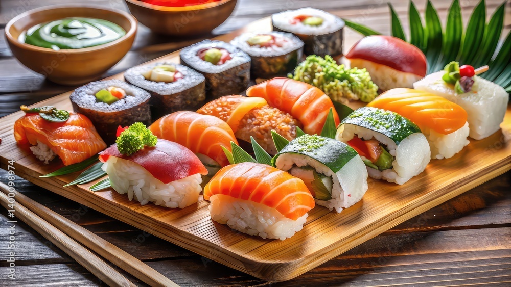 Fresh salmon sushi roll with chopsticks on a plate, a delicious Japanese seafood dish Fresh salmon sushi roll with chopsticks on a plate, a delicious Japanese seafood dish