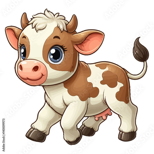 Charming cartoon illustration of a cute brown and white calf with big, adorable eyes and a gentle expression, taking a step. Represents adorable animals, farm animals, and children's themes.