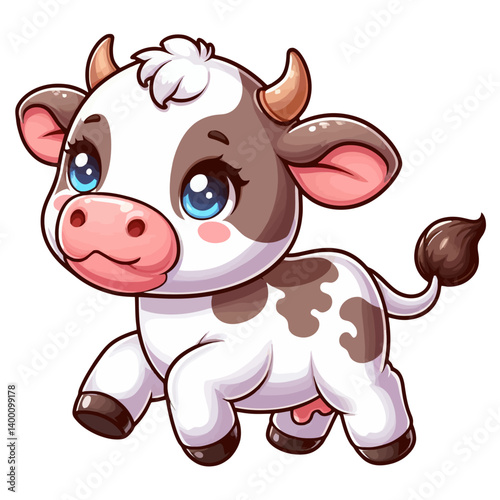 Charming cartoon illustration of a cute brown and white calf with big, adorable eyes and a gentle expression, taking a step. Represents adorable animals, farm animals, and children's themes.