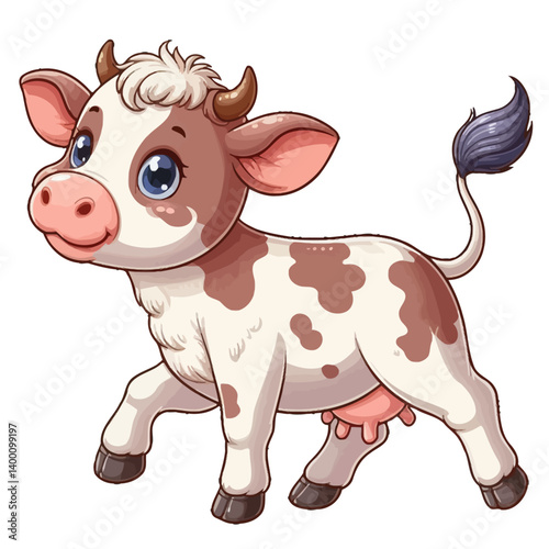 Charming cartoon illustration of a cute brown and white calf with big, adorable eyes and a gentle expression, taking a step. Represents adorable animals, farm animals, and children's themes.
