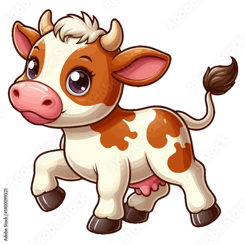 Charming cartoon illustration of a cute brown and white calf with big, adorable eyes and a gentle expression, taking a step. Represents adorable animals, farm animals, and children's themes.