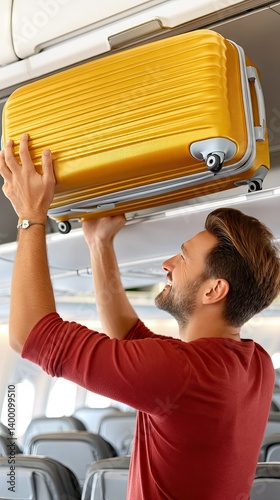 A cheerful traveler, beaming with excitement, carefully stows their vibrant yellow suitcase in the overhead compartment while boarding the airplane