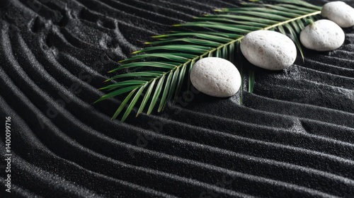 Arranging White Stones with Green Palm Leaf on Black Sand Texture