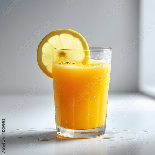 Fresh Orange Juice with Lemon Wedge on White Background