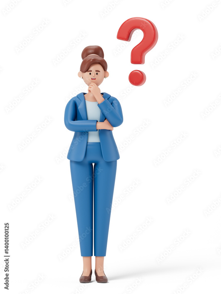 A woman with a thoughtful pose, a question mark above his head, symbolizes pondering or indecision. 3D rendering, conceptual image. Isolated on white background. A woman with a thoughtful pose, a question mark above his head, symbolizes pondering or indecision. 3D rendering, conceptual image. Isolated on white background.
