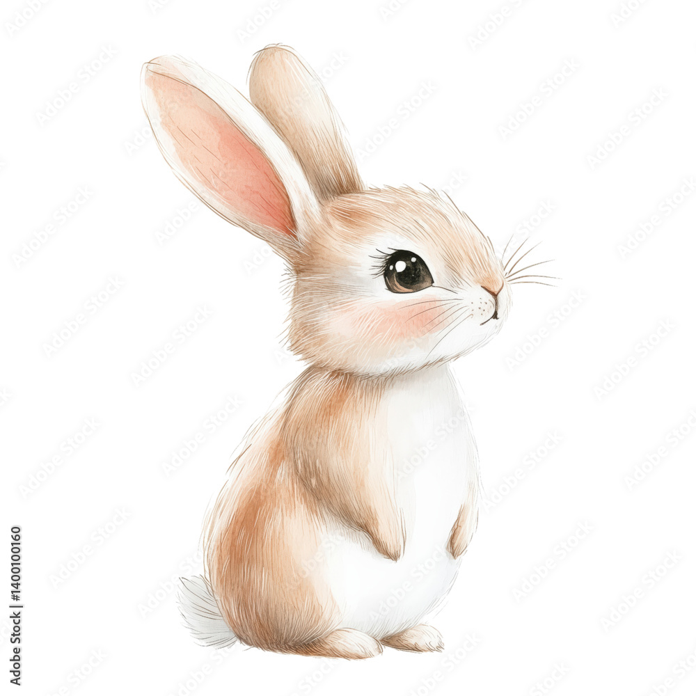 Fototapeta premium Sweet cartoon bunny sitting in grass with a cheerful smile, perfect for children's books, nursery art, and cute designs.