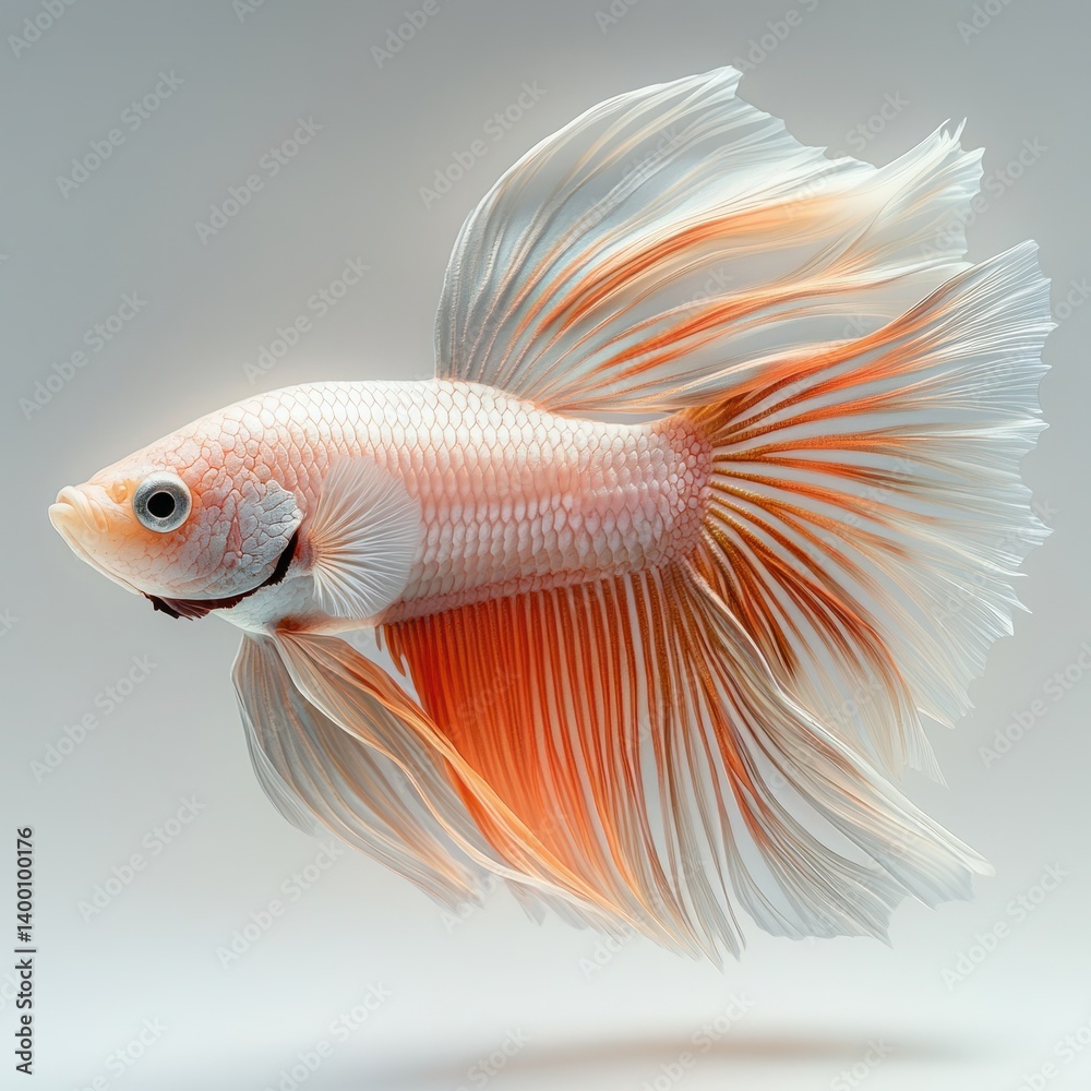 Graceful orange and white betta fish swimming in clear water with flowing fins and delicate features Graceful orange and white betta fish swimming in clear water with flowing fins and delicate features