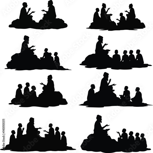 Gurukul Silhouette Vector – Ancient Indian Guru Teaching Disciples Illustration for Guru Purnima