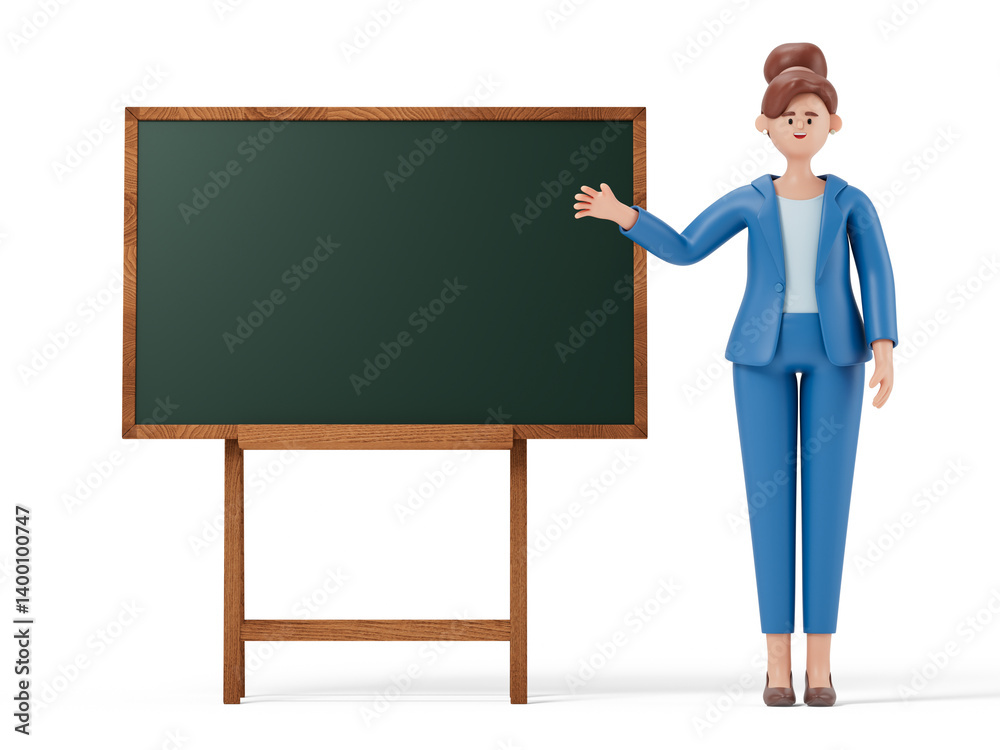 A woman points to a blank chalkboard, symbolizing teaching or presenting information. 3D rendering, conceptual image. Isolated on white background. A woman points to a blank chalkboard, symbolizing teaching or presenting information. 3D rendering, conceptual image. Isolated on white background.