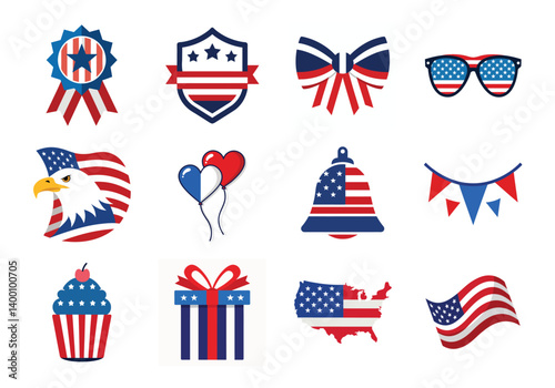 4th of July vector elements set. Collection of American Independence Day vector illustration on white background