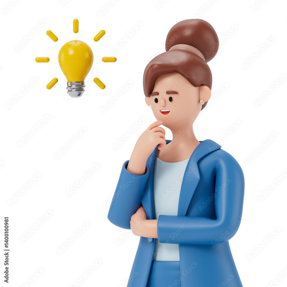 A woman contemplates with a glowing lightbulb above his head, symbolizing a bright idea or inspiration. 3D rendering, conceptual image. Isolated on white background. A woman contemplates with a glowing lightbulb above his head, symbolizing a bright idea or inspiration. 3D rendering, conceptual image. Isolated on white background.
