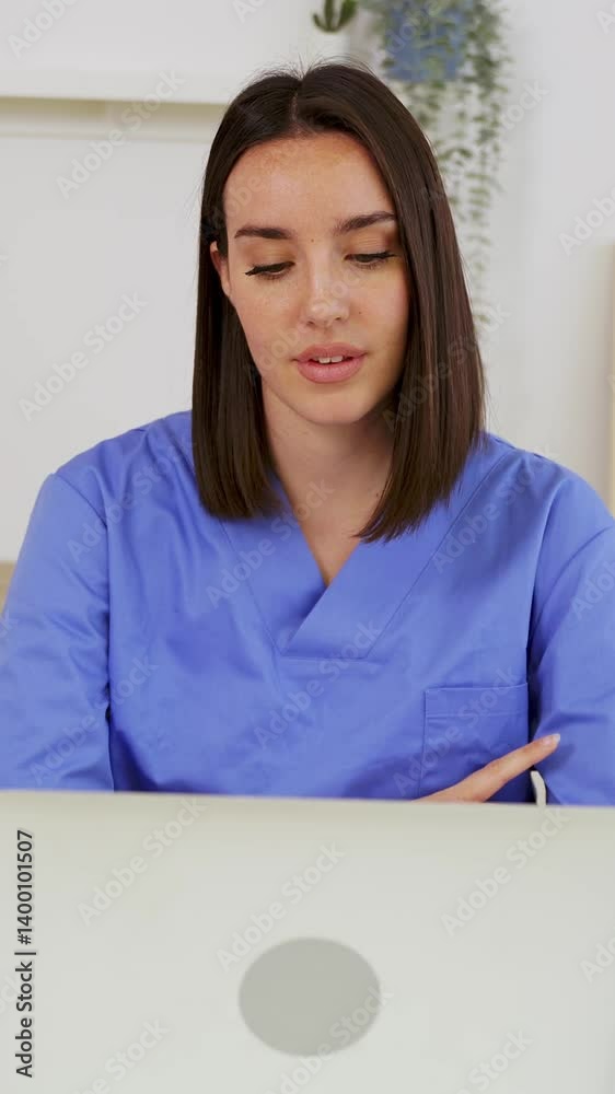 Vertical HD video of young female doctor wearing blue scrubs using laptop for video call with patient, explaining diagnosis and treatment Vertical HD video of young female doctor wearing blue scrubs using laptop for video call with patient, explaining diagnosis and treatment