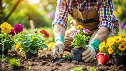 Fototapeta Naklejka Na Ścianę i Meble -  woman planting flowers in the garden