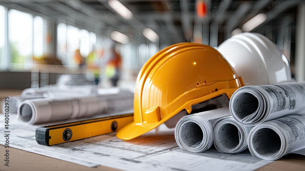 Fototapeta premium Construction site tools and safety gear arranged on blueprints in bright workspace during project planning