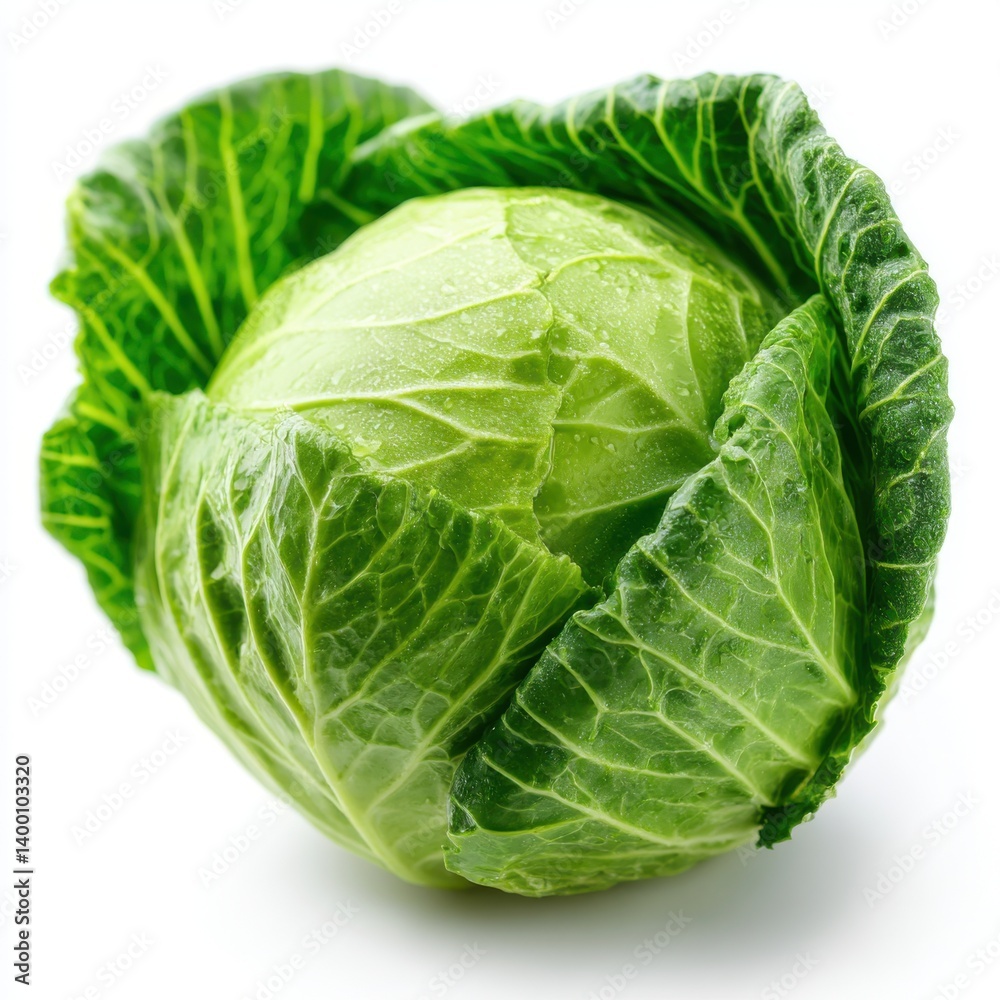 Obraz premium Close up of a fresh green cabbage head with water droplets isolated on white background