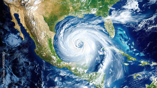 Satellite view of powerful hurricane approaching gulf coast with storm system and clouds