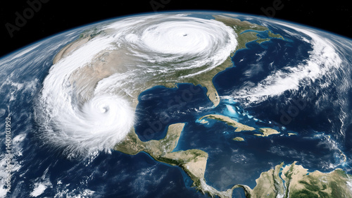 Two powerful hurricanes over north america and atlantic ocean in satellite view