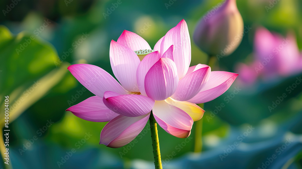 Fototapeta premium Bright pink lotus blossom in sunlit pond with vibrant green leaves