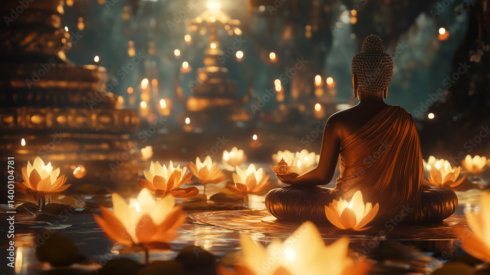 Fototapeta premium Serene buddha statue amidst glowing lotus lanterns in mystical temple ambiance
