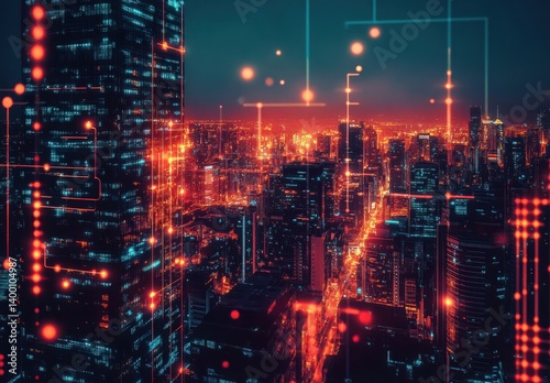 Wallpaper Mural Urban Skyline with Neon Lights and Digital Overlay at Night in a Modern Cityscape Filled with Technology and Innovation Torontodigital.ca