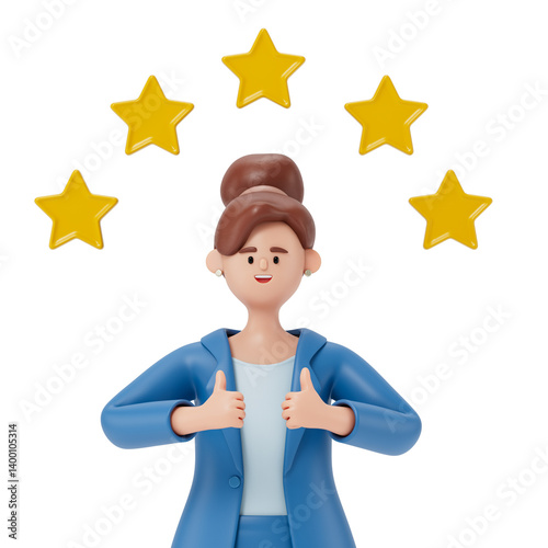 A woman with thumbs up under five stars, symbolizing high-quality service. 3D rendering, conceptual image. Isolated on white background.