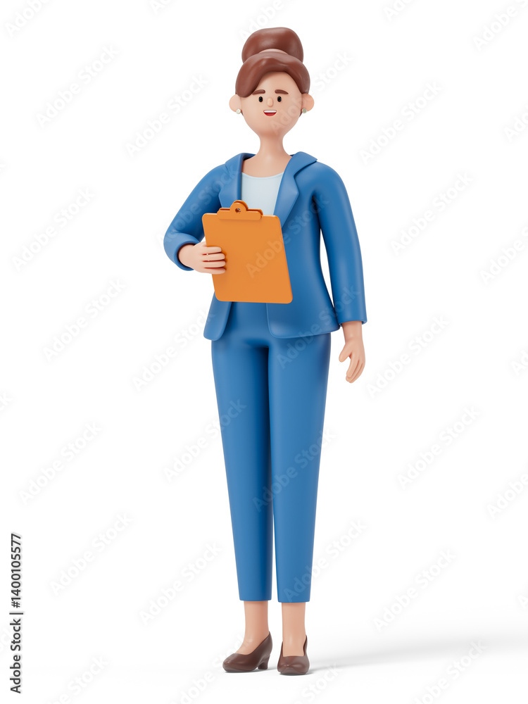 A woman holds a folder, symbolizing organization or work readiness. 3D rendering, conceptual image. Isolated on white background. A woman holds a folder, symbolizing organization or work readiness. 3D rendering, conceptual image. Isolated on white background.