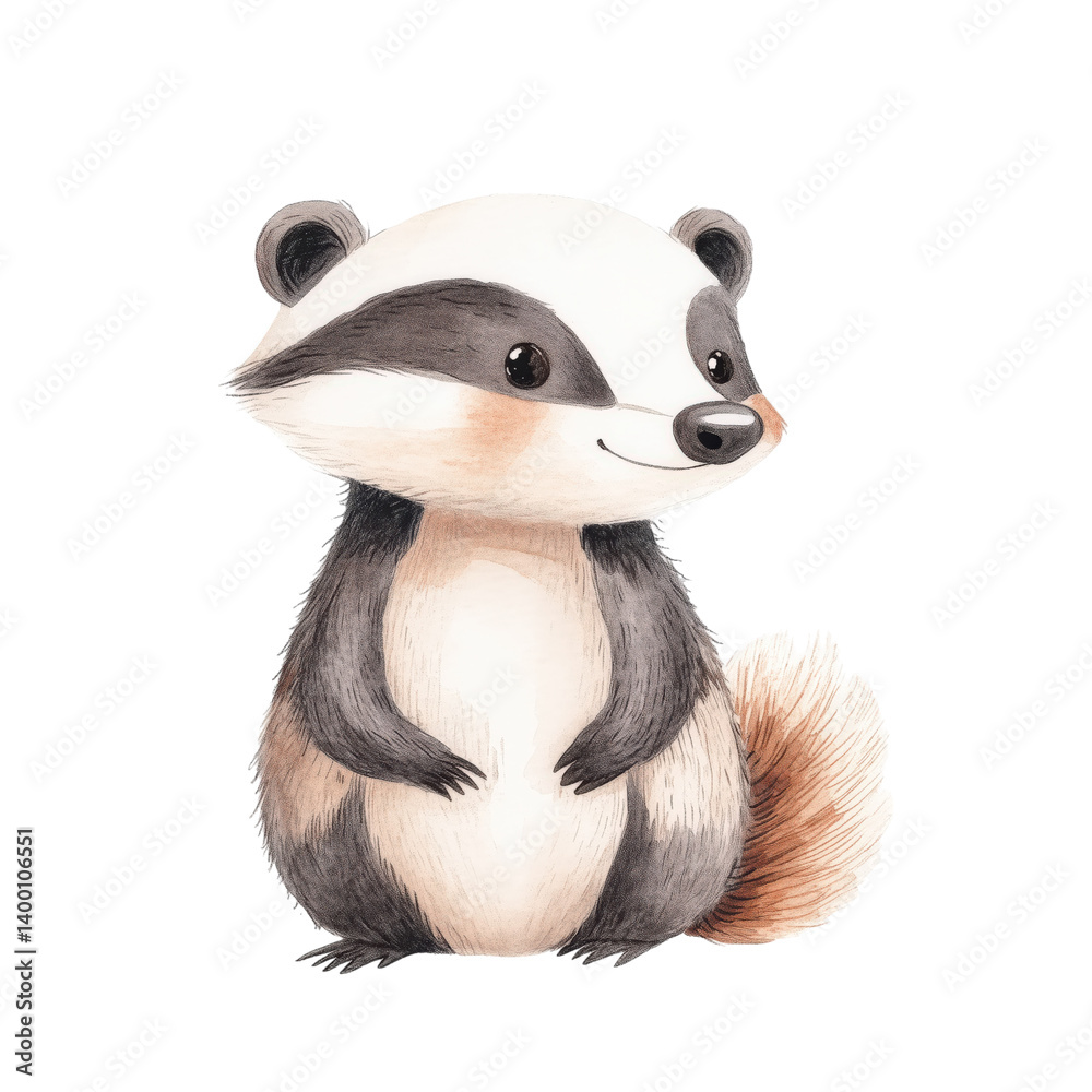 Fototapeta premium Cute watercolor raccoon illustration with big eyes and fluffy tail, perfect for nursery art, kids' prints, or woodland themes.