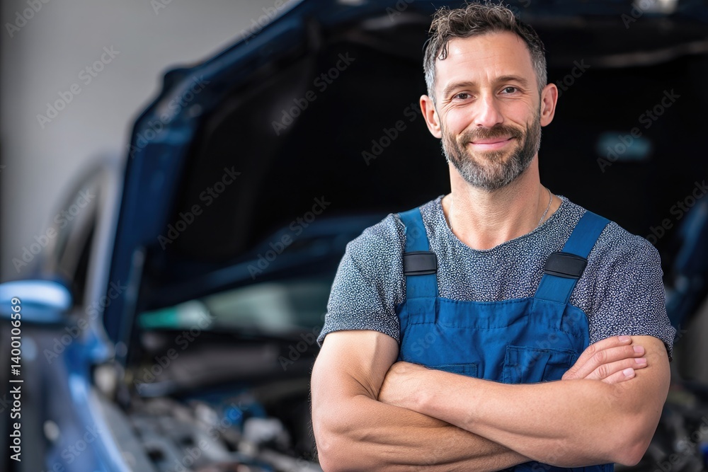A professional mechanic in blue overalls stands with arms crossed against the background of an open car hood, smiling at the camera and looking into it A professional mechanic in blue overalls stands with arms crossed against the background of an open car hood, smiling at the camera and looking into it