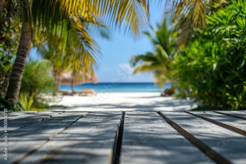 Tropical beach scene with wooden deck