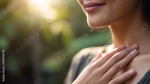 Close-Up of a Woman's Hand Gently Resting on Her Upper Torso, Promoting Self-Care and Health Awareness with Soft Natural Lighting, Conveying Inner Strength