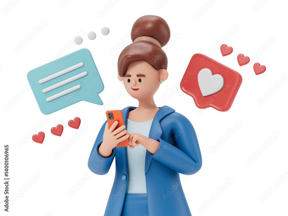 A woman interacts with his phone, surrounded by speech and heart bubbles, symbolizing positive digital interaction. 3D rendering, conceptual image. Isolated on white background. A woman interacts with his phone, surrounded by speech and heart bubbles, symbolizing positive digital interaction. 3D rendering, conceptual image. Isolated on white background.