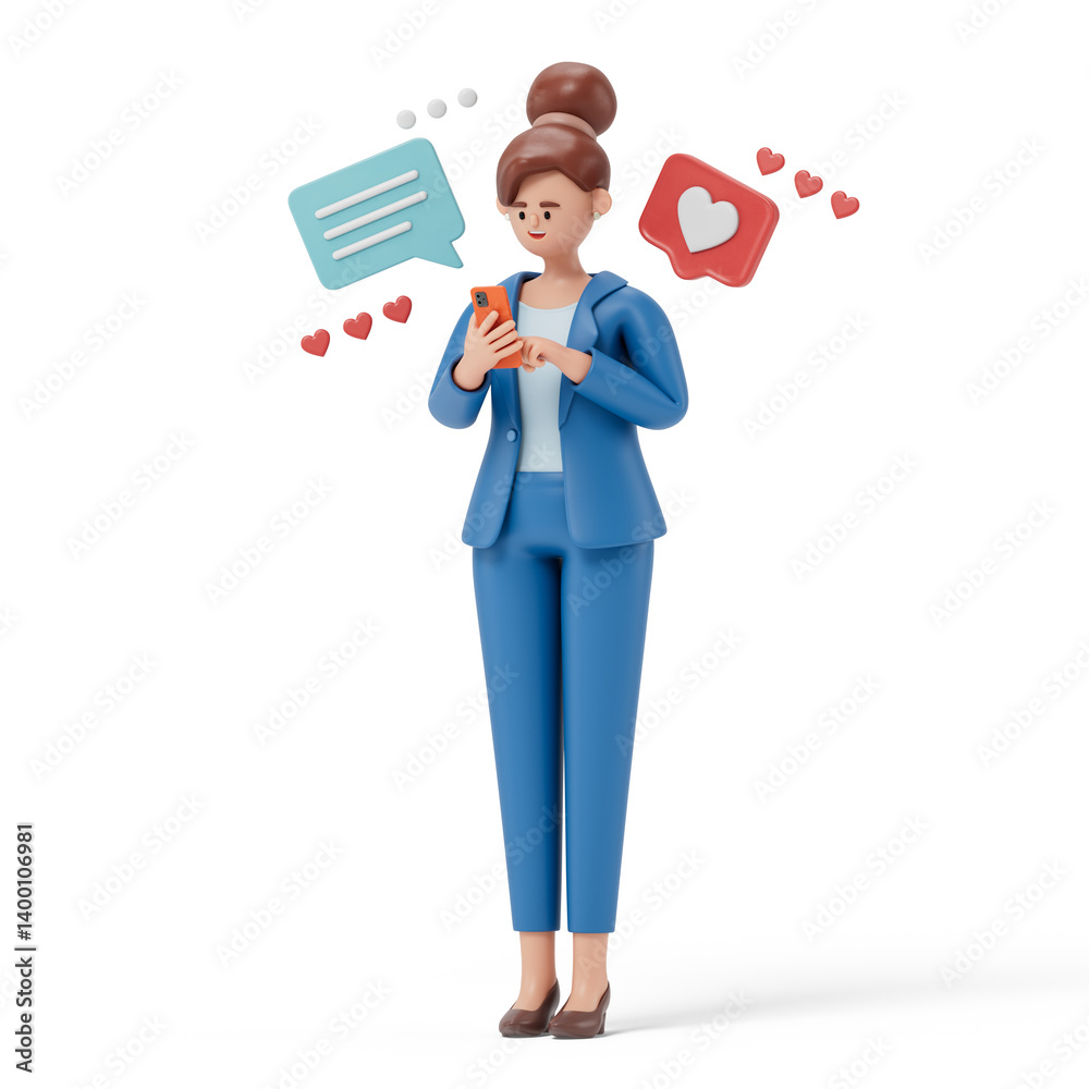A woman interacts with his phone, surrounded by speech and heart bubbles, symbolizing positive digital interaction. 3D rendering, conceptual image. Isolated on white background. A woman interacts with his phone, surrounded by speech and heart bubbles, symbolizing positive digital interaction. 3D rendering, conceptual image. Isolated on white background.
