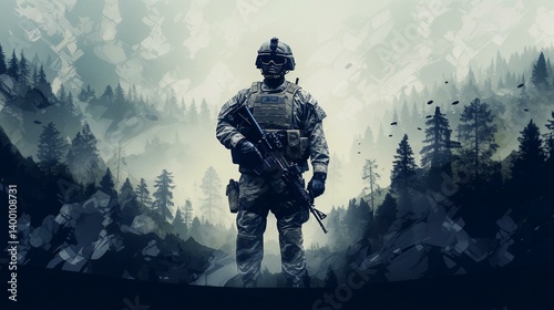 Soldier in forest silhouette military tactical operation