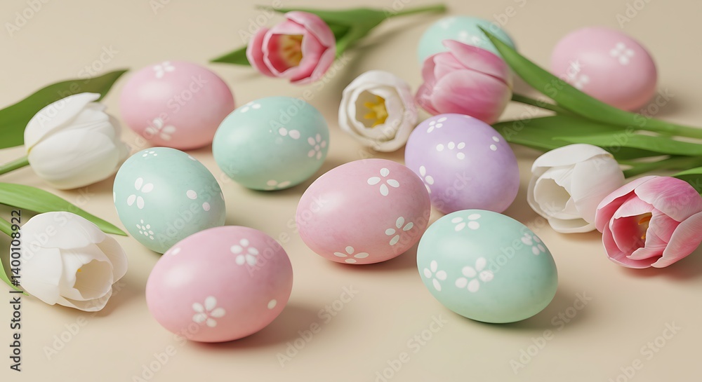 Obraz premium Pastel Colored Eggs with Floral Pattern and Spring Flowers Arrangement