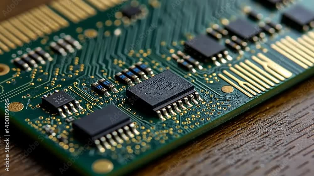 Close-up of a green circuit board showcasing intricate microchips and connections on a wooden surface Close-up of a green circuit board showcasing intricate microchips and connections on a wooden surface
