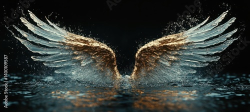 Majestic Angel Wings Emerging from Water with Glimmering Splashes and Ethereal Light Play