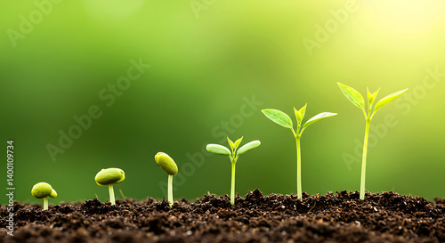 Stages of plant growth from seed to sprout.