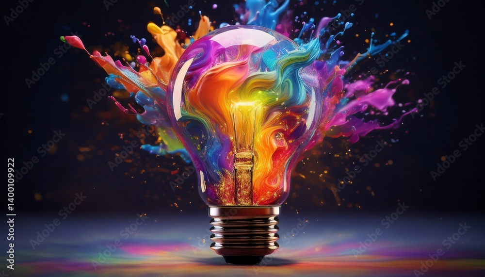 Vibrant light bulb with colorful splashes of paint, symbolizing creativity and innovation in digital marketing. artistic