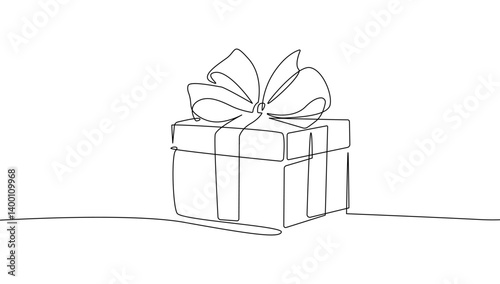 Continuous One Line Drawing of Gift Box. Holiday Concept One Line Art. Christmas Gift Box Black Sketch Isolated on White Background. Vector Minimalism Design