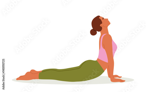 Young woman performing Hatha yoga exercise  backbend. Adorable female cartoon character standing in Cobra posture. Slim yogi girl isolated on transparent background. Flat vector illustration